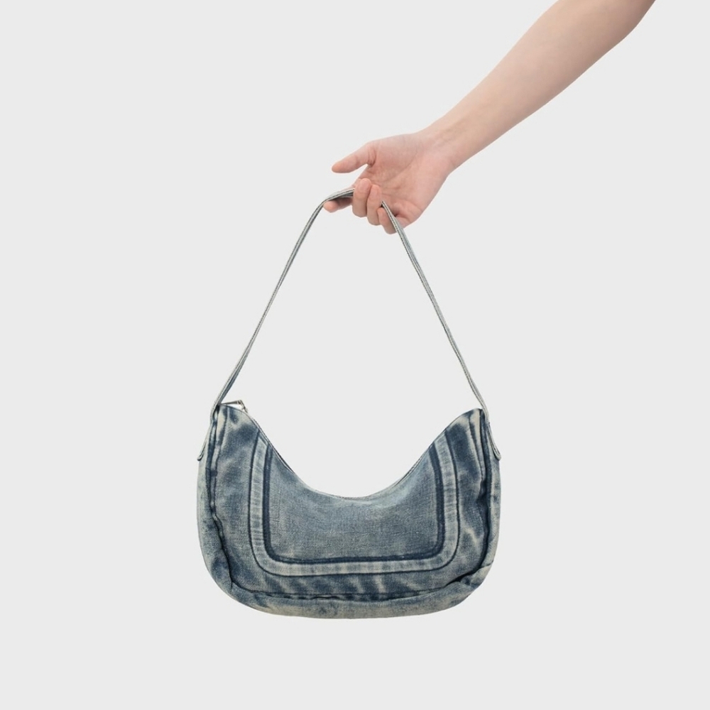 Retro Denim Shoulder Bag – Trendy Washed Hobo Handbag, Blue Denim